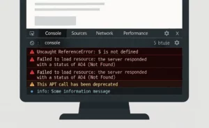 console navigateur ouverte avec erreurs JavaScript sur un site exemple affiché sur un écran d’ordinateur
