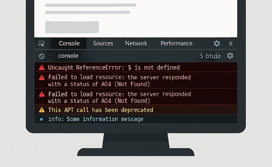 console navigateur ouverte avec erreurs JavaScript sur un site exemple affiché sur un écran d’ordinateur