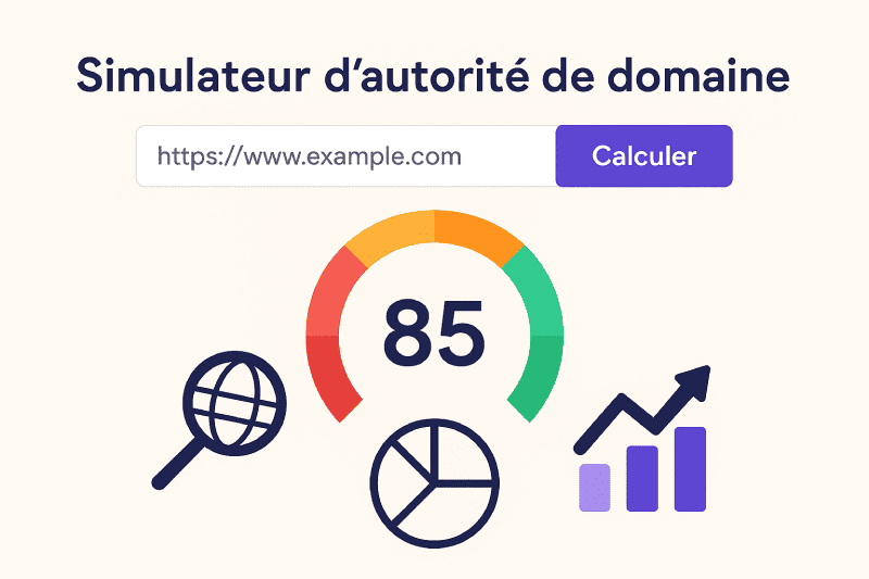 Interface du simulateur d'autorité de domaine avec barre de score, champ URL et icônes SEO