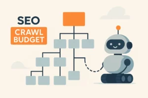 Illustration du crawl budget SEO avec un robot explorant une structure de site web