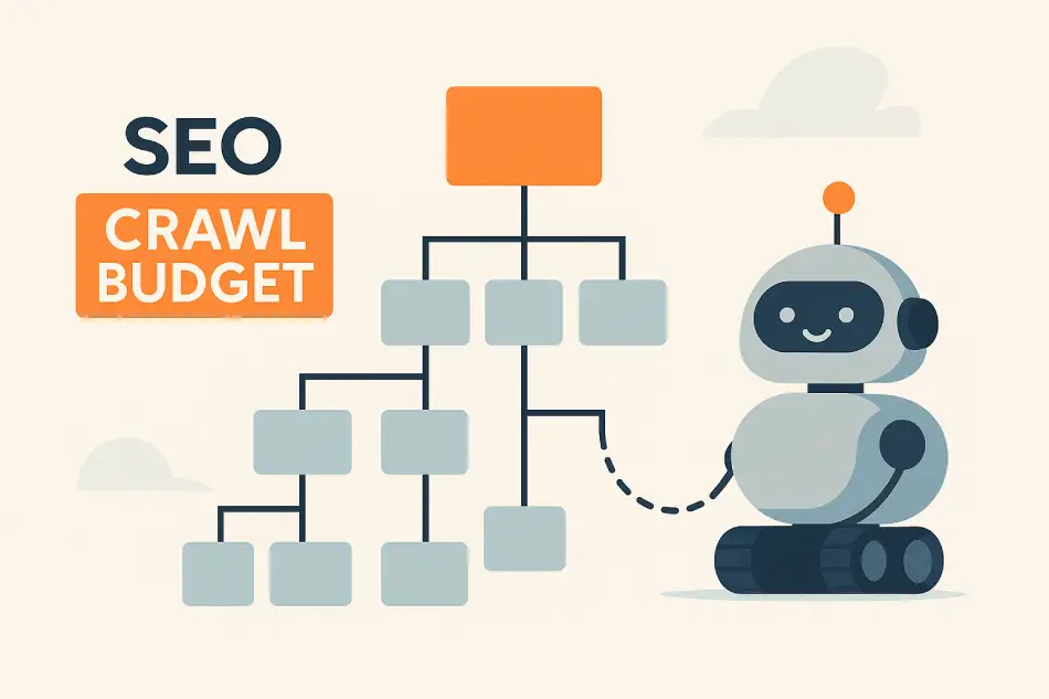 Illustration du crawl budget SEO avec un robot explorant une structure de site web
