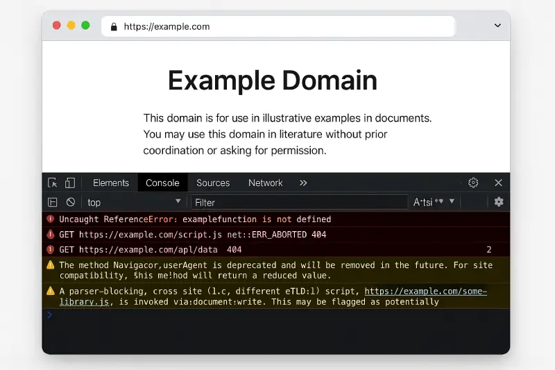 console navigateur Chrome avec erreurs JavaScript (Uncaught ReferenceError, 404, warnings)