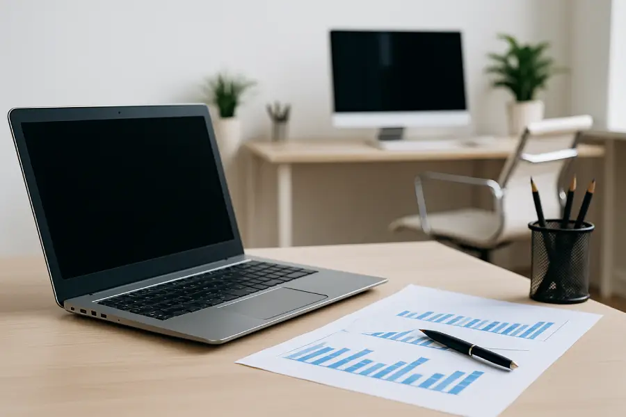 Bureau moderne avec ordinateur portable et graphiques financiers, illustrant le choix d’un site web professionnel pour une entreprise