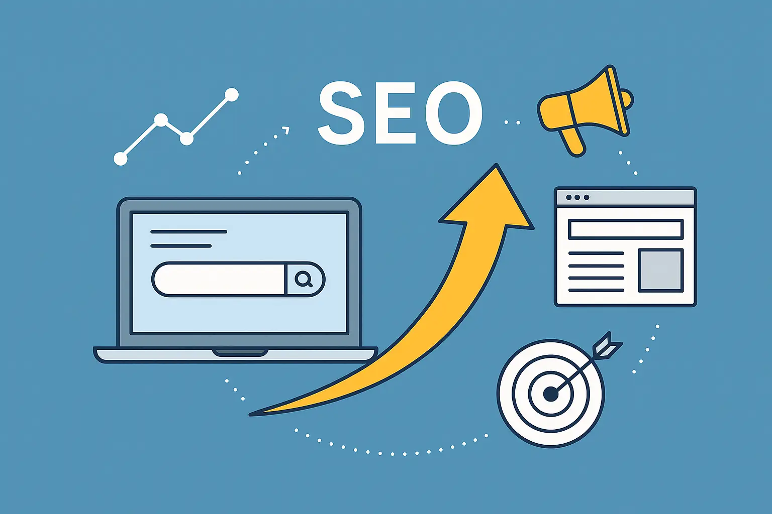 Illustration montrant les leviers du SEO : site web, flèche de croissance, ciblage et optimisation.