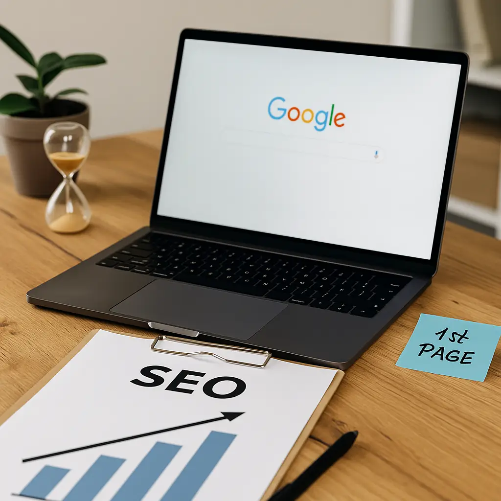 Bureau avec un ordinateur affichant une page de résultats Google en cours d’optimisation SEO