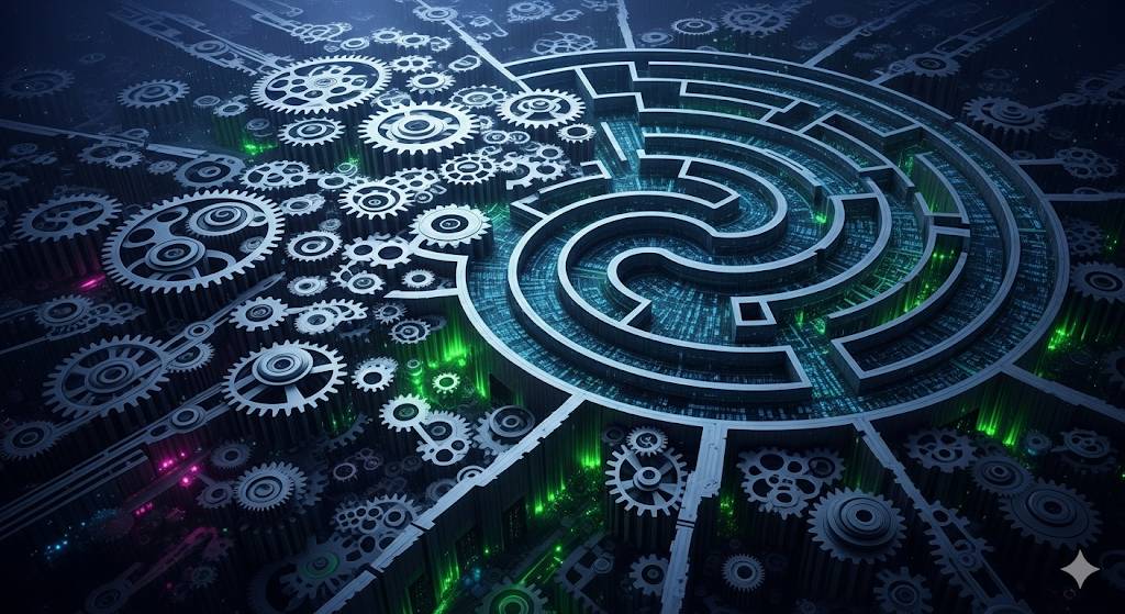 Un labyrinthe stylisé ou un engrenage complexe symbolisant le fonctionnement interne de Google, avec un effet de lumière ou un moteur au centre.