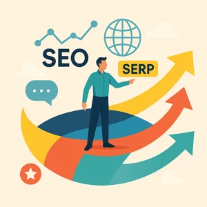 Illustration fun sur la SERP et le SEO avec flèches de visibilité