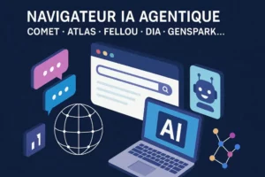 Comparison de navigateurs IA agentiques — Comet, Atlas, Fellou, Dia, Genspark -illustration web IA et laptop AI