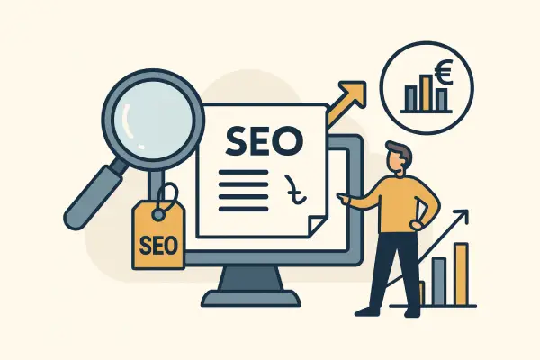 Illustration représentant un consultant SEO analysant les tarifs et la performance d'un site web.